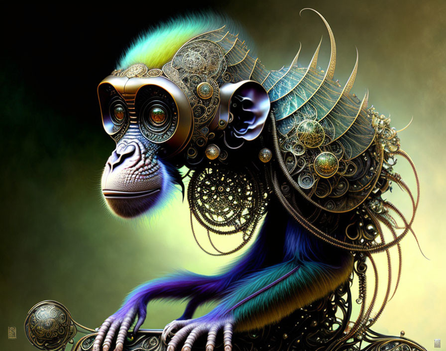 Fantastical steampunk monkey with intricate metal gears and filigree.
