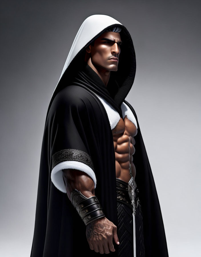 Muscular man in fantasy setting with cloak, hood, bare chest, ornate gauntlet, and
