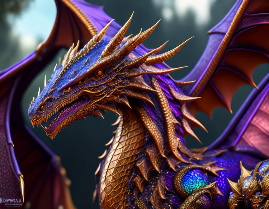 Detailed Blue and Gold Dragon Model with Large Wings and Horned Head on Blurred Background