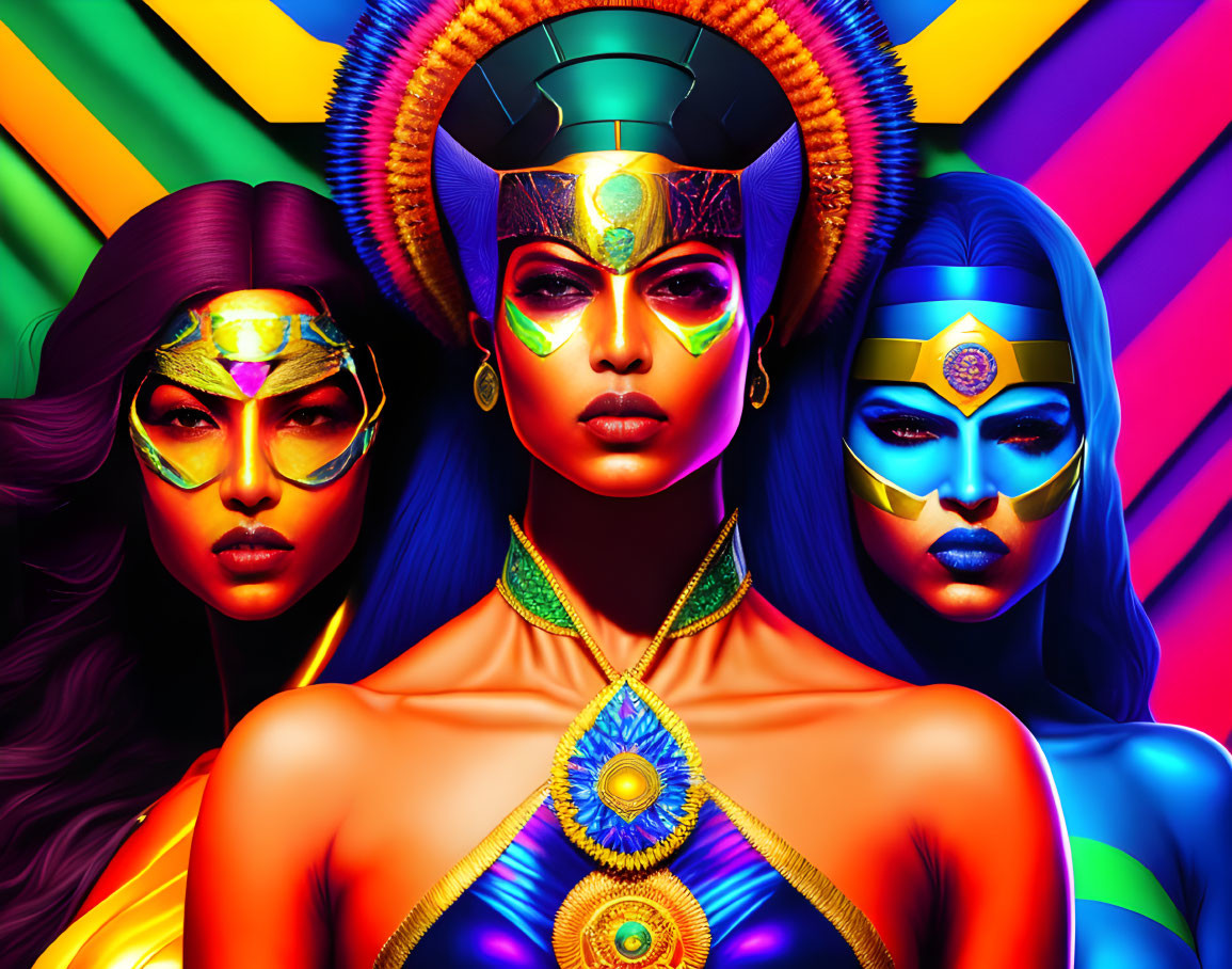 Vibrant body paint women with headdresses on colorful background