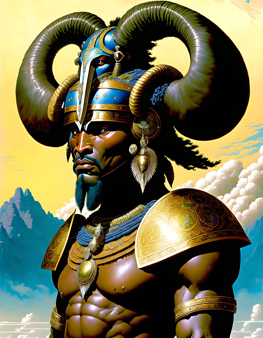 Regal warrior digital art: Ram-horned helmet, gold armor, sky backdrop
