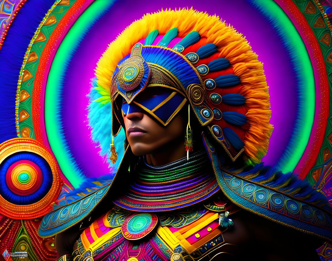 Colorful Profile View with Vibrant Headdress on Psychedelic Background