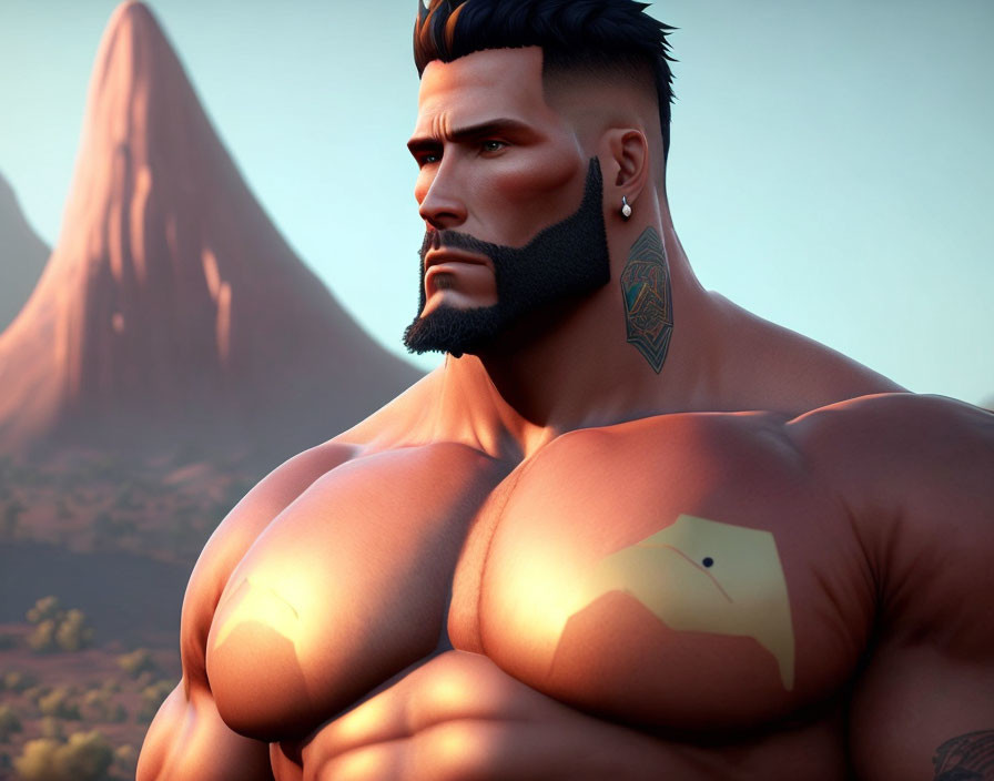 Muscular animated male character with beard, tattoos, earring, in scenic sunset landscape