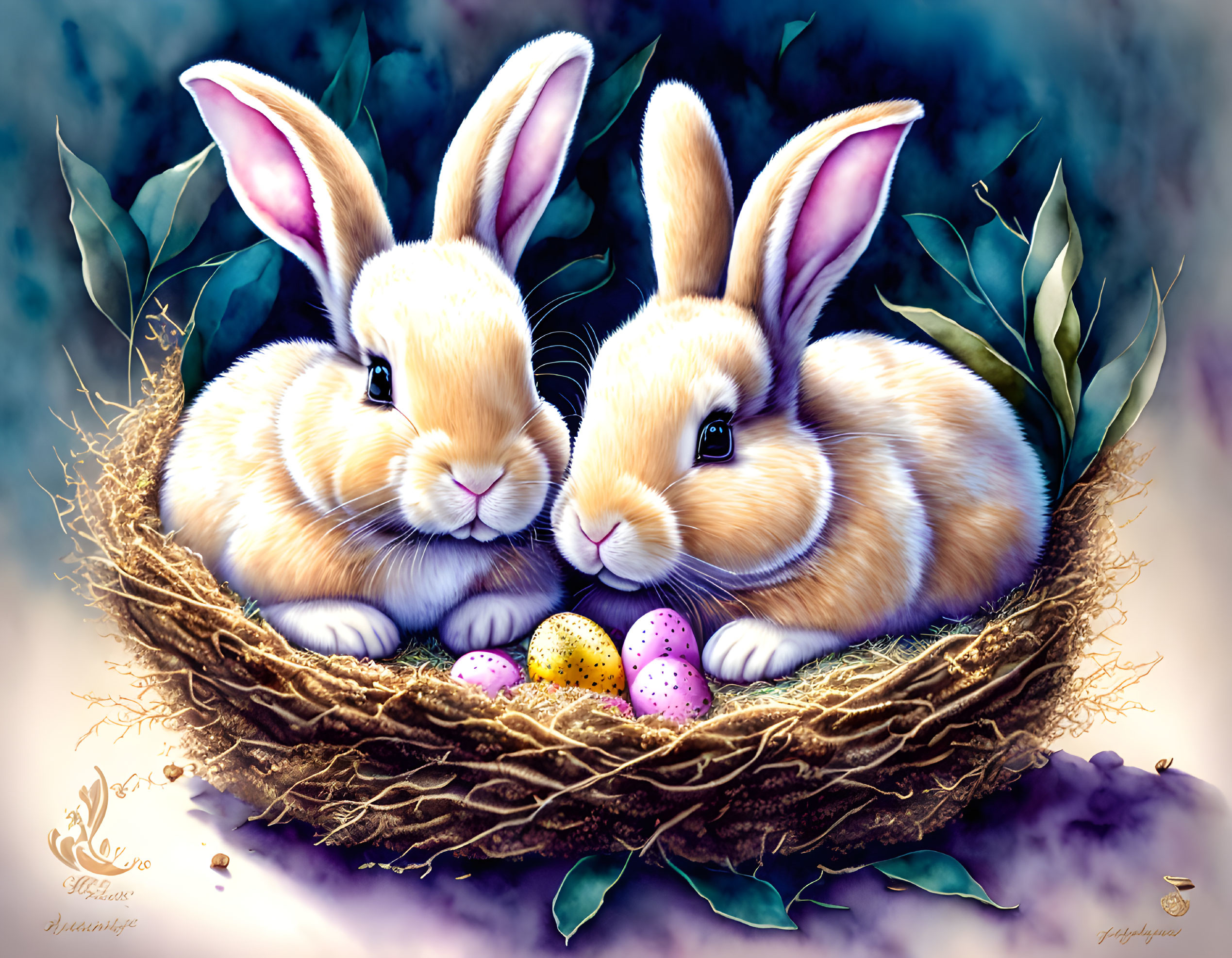 Two cute Easter bunnies in an Easter nest - Waterc