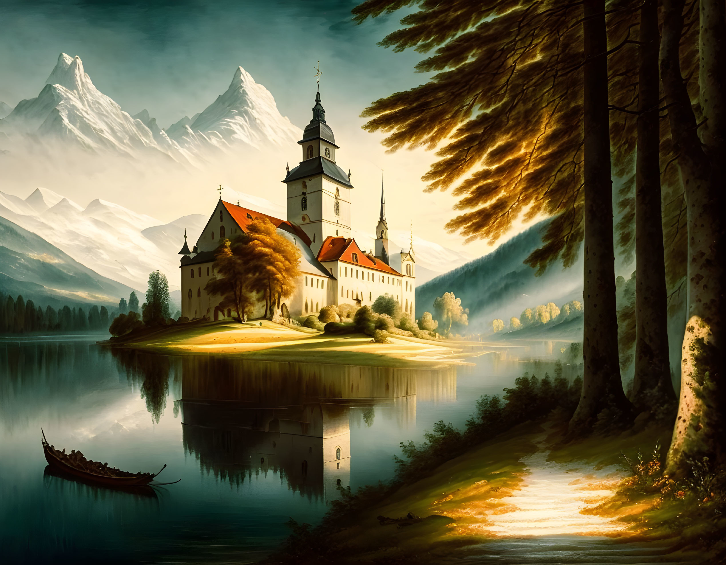  Imposing Church in a Classic German Oil Painting