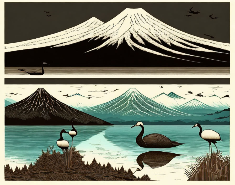 Stylized panels of mountains with cranes in winter and tranquil lake scene