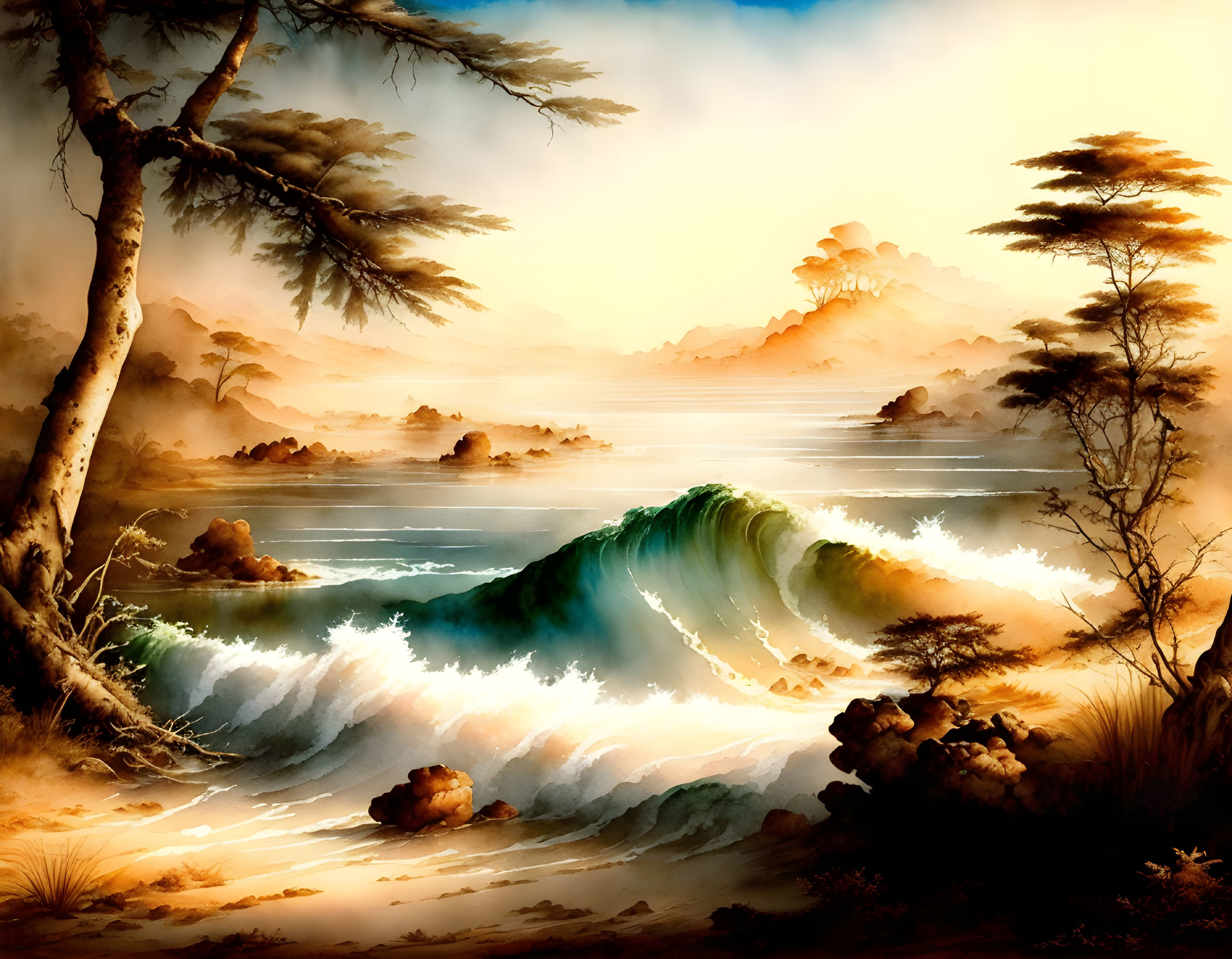 Tranquil landscape with dynamic wave, misty mountains, lush trees