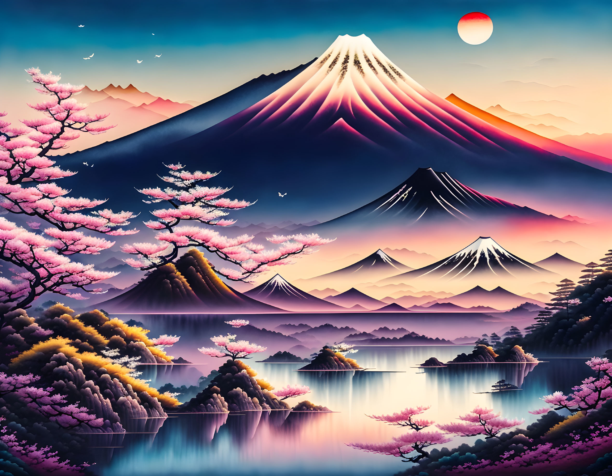 Chinese Watercolor Painting of Mount Fuji and Cher