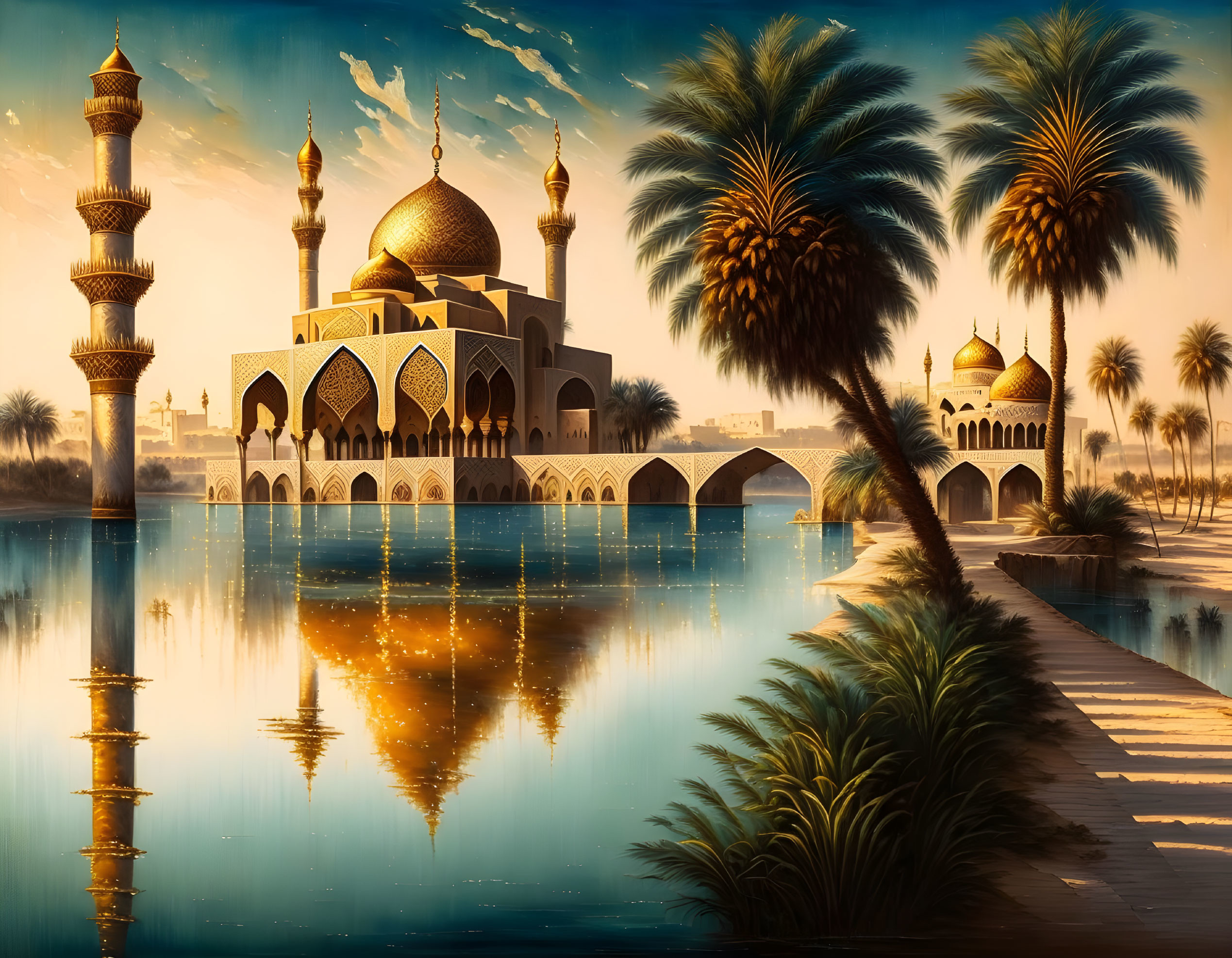 Imposing Mosque in a Classic Arabic Oil Painting