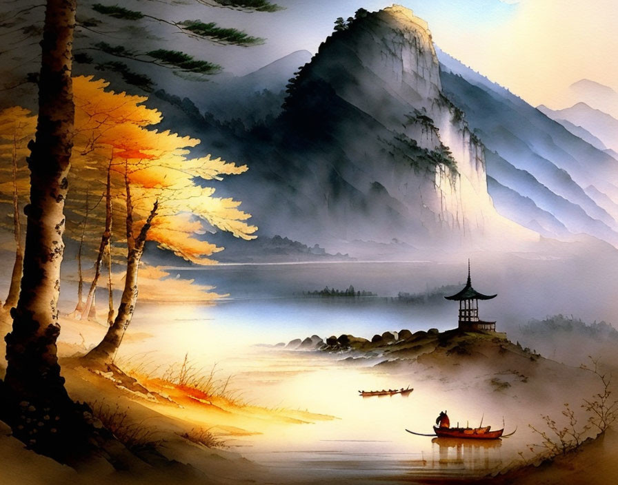 Serene watercolor painting of misty mountain landscape with lake, boat, and pavilion