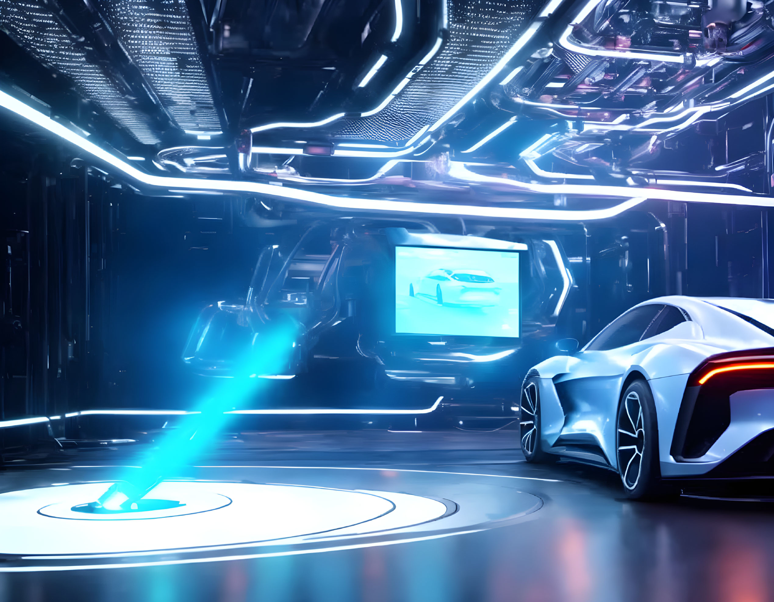 Sleek White Car in Futuristic Garage with Neon Lights