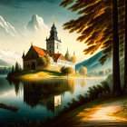 Grand castle on lake island with snow-capped mountains, forests, and boat in warm light