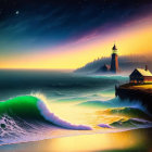 Coastal Dusk Scene: Lighthouse, Cliffs, House, Glowing Waves, Star