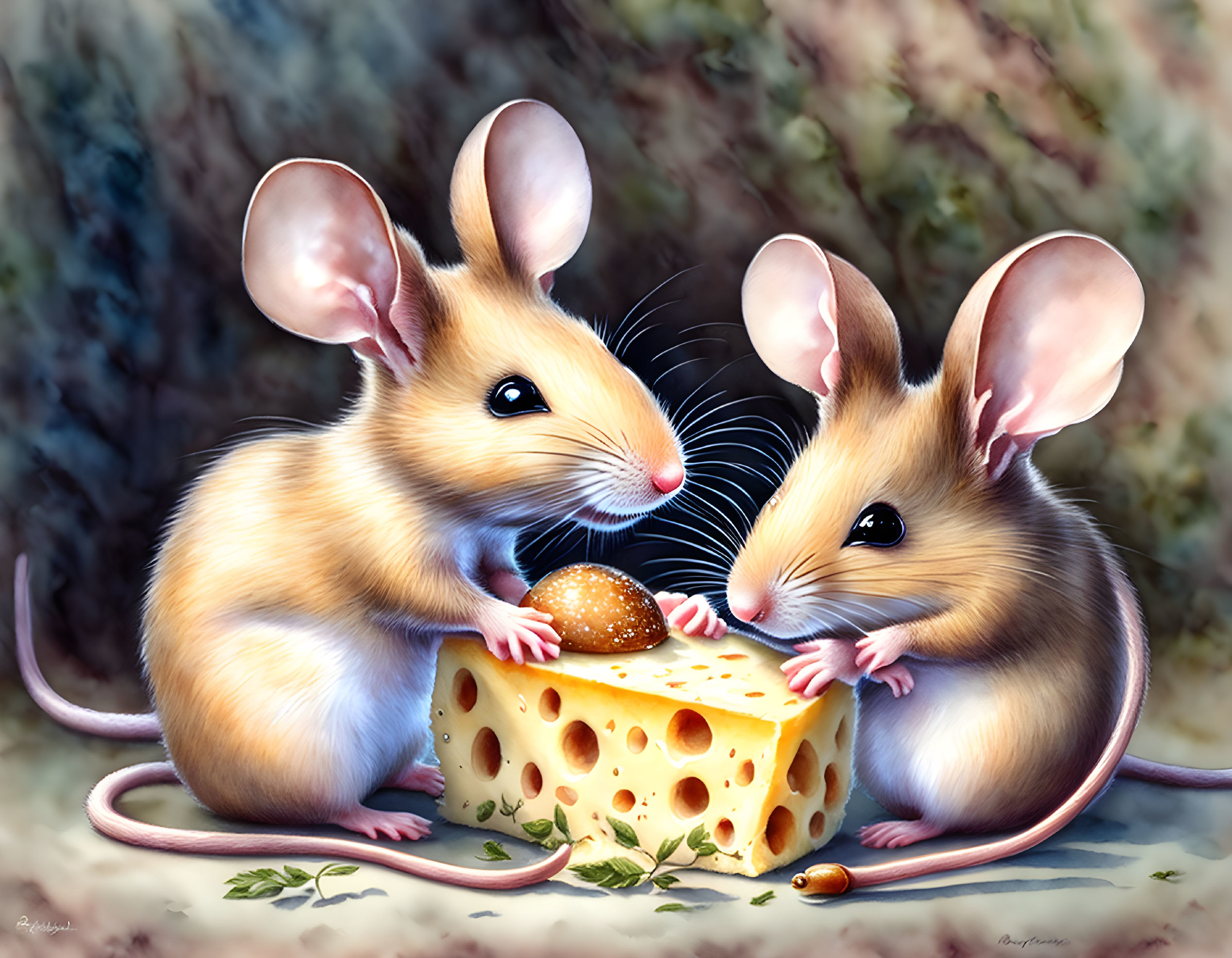 Illustrated mice sharing cheese on soft-focus background