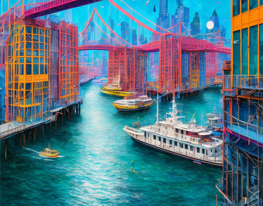 Colorful futuristic cityscape with red bridges and high-rise buildings on turquoise river