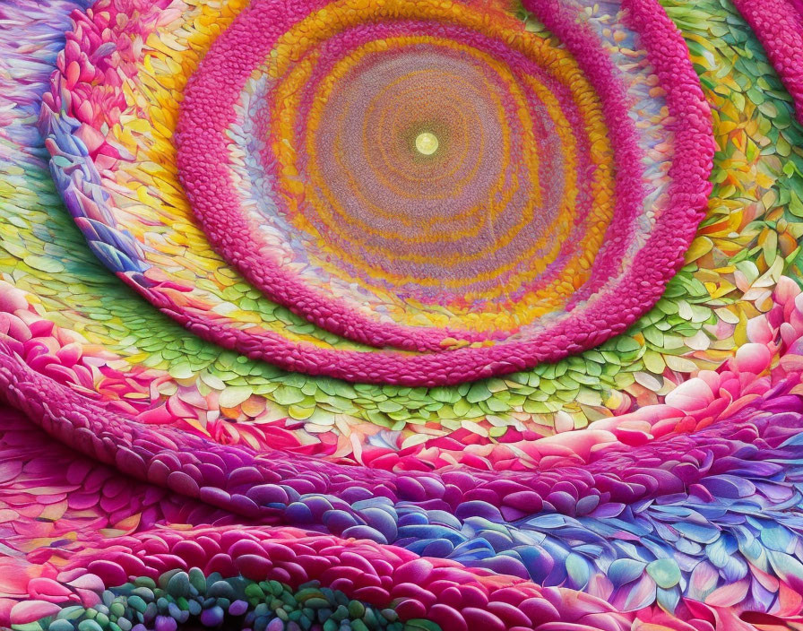 Colorful Circular Leaf Mandala Design in Pink, Purple, Yellow, and Green