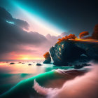 Twilight seascape with glowing wave, crescent moon, birds, and rocky village.