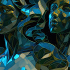 Abstract Blue and Gold Geometric Female Faces on Dark Background