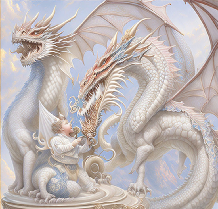 Baby angel playing lyre with two towering dragons under delicate sky