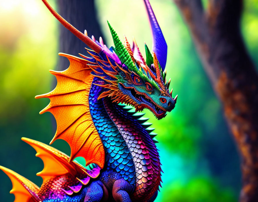 Multicolored dragon illustration with horns, scales, and wings.