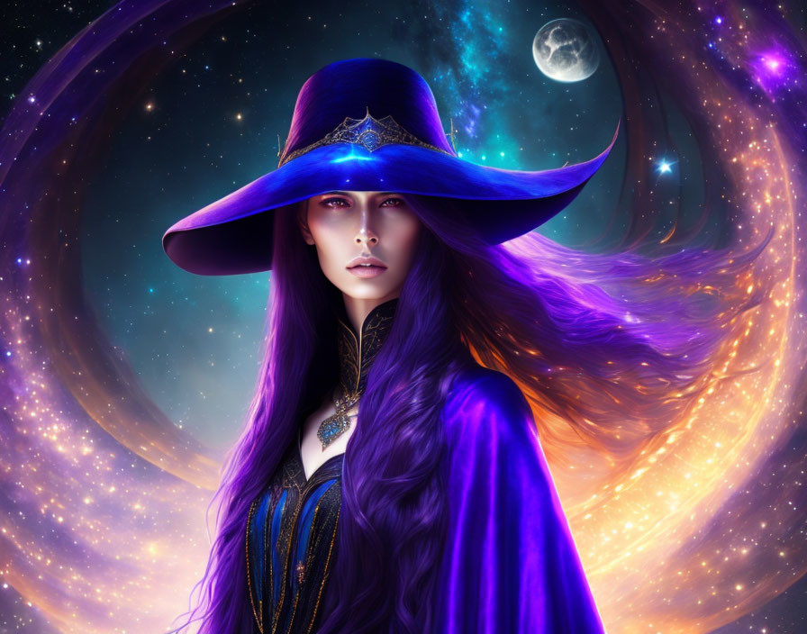 Digital artwork: Mystic woman with purple hair in blue hat on cosmic background
