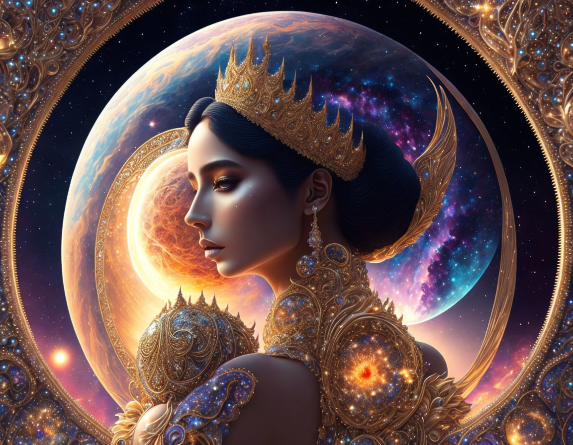 Regal woman in golden attire under celestial sky