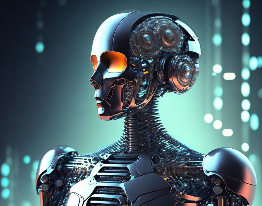 Detailed humanoid robot with advanced mechanics in metallic skeleton against futuristic backdrop.