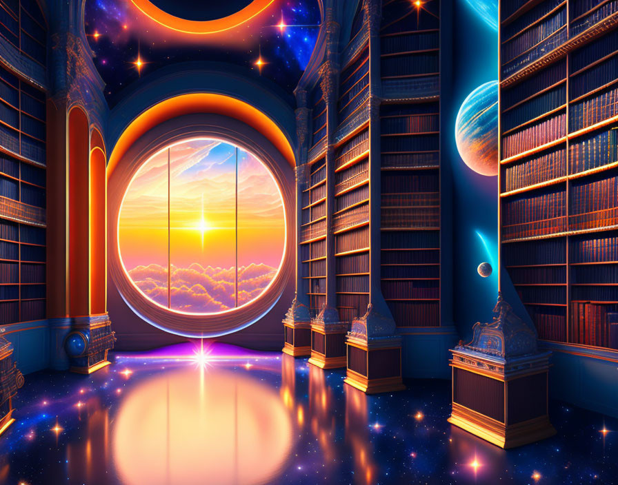 Futuristic library with towering shelves and cosmic view of planet at sunset