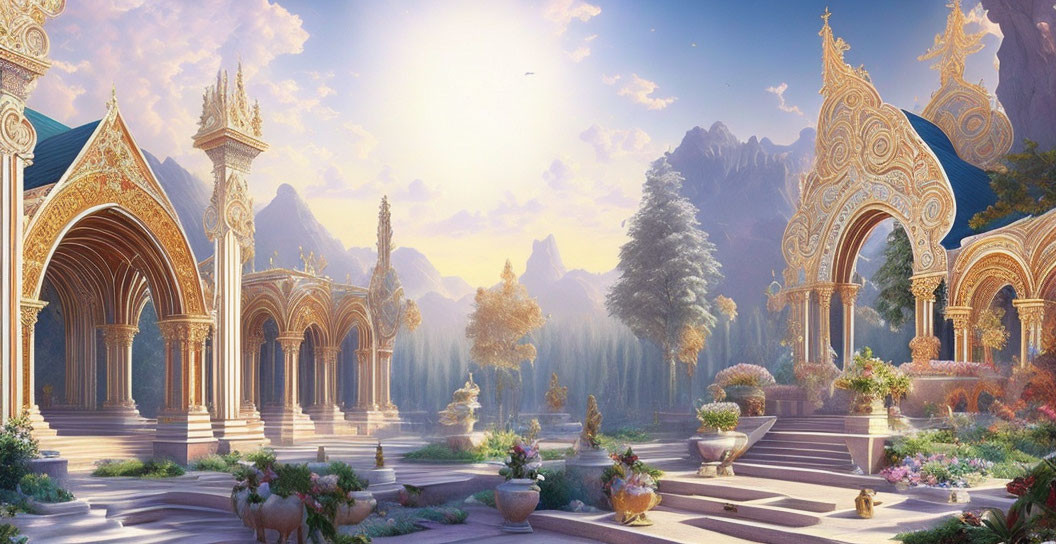 Golden buildings, archways, fountains, and trees in a fantastical landscape