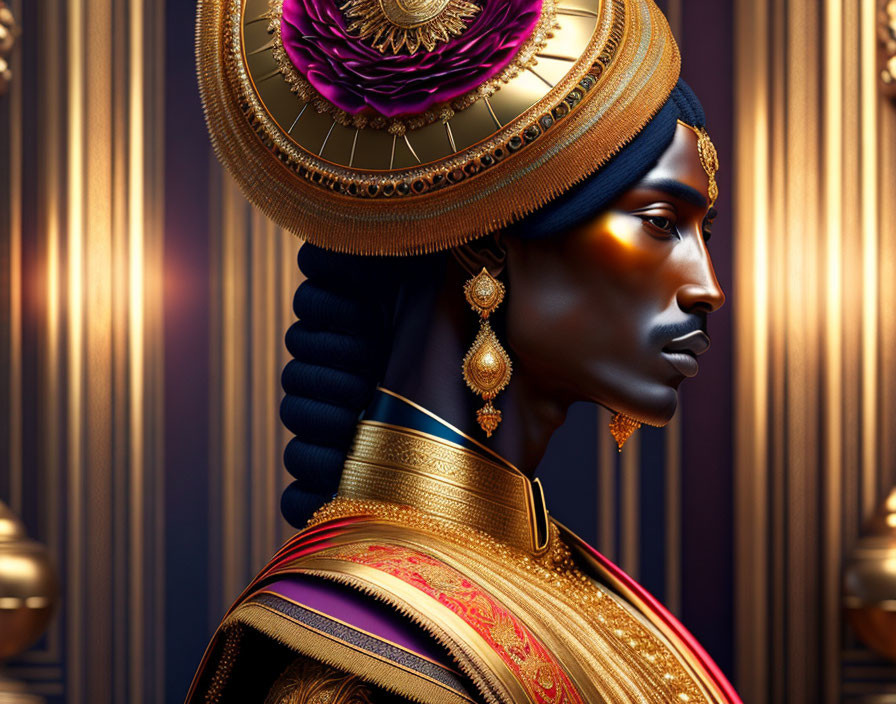 Digital artwork featuring person in gold and royal blue attire with jewelry and headdress on patterned background