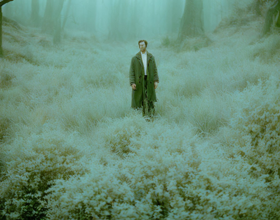 Man in Green Coat in Misty Forest with Blue-Green Foliage