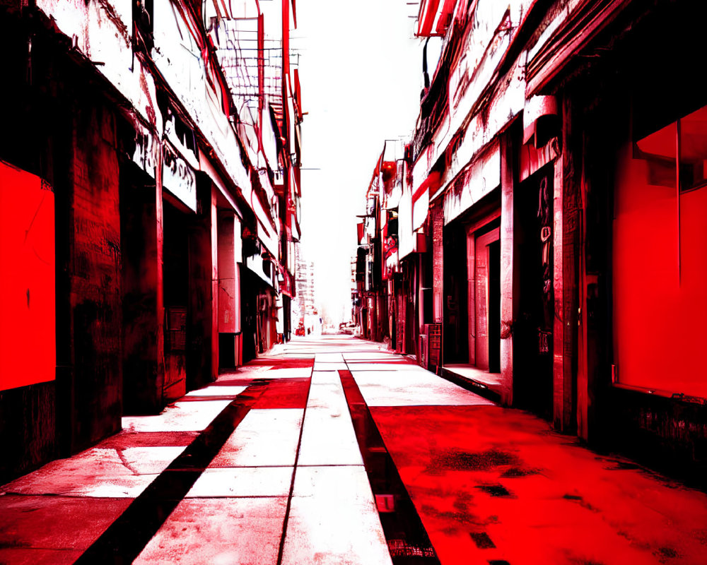 Vivid Red and White Urban Alley with Buildings and Shadows