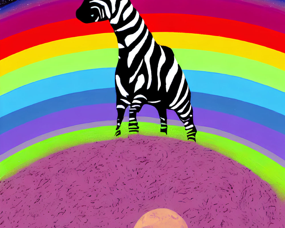 Zebra on Purple Hill with Rainbow and Moon