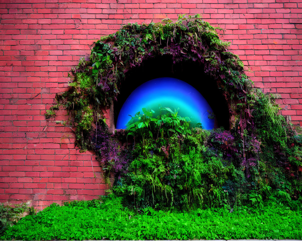 Circular portal with lush green foliage on red brick wall