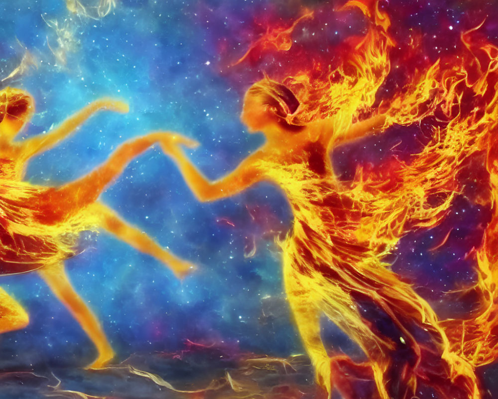 Flaming human figures reaching in cosmic starry scene
