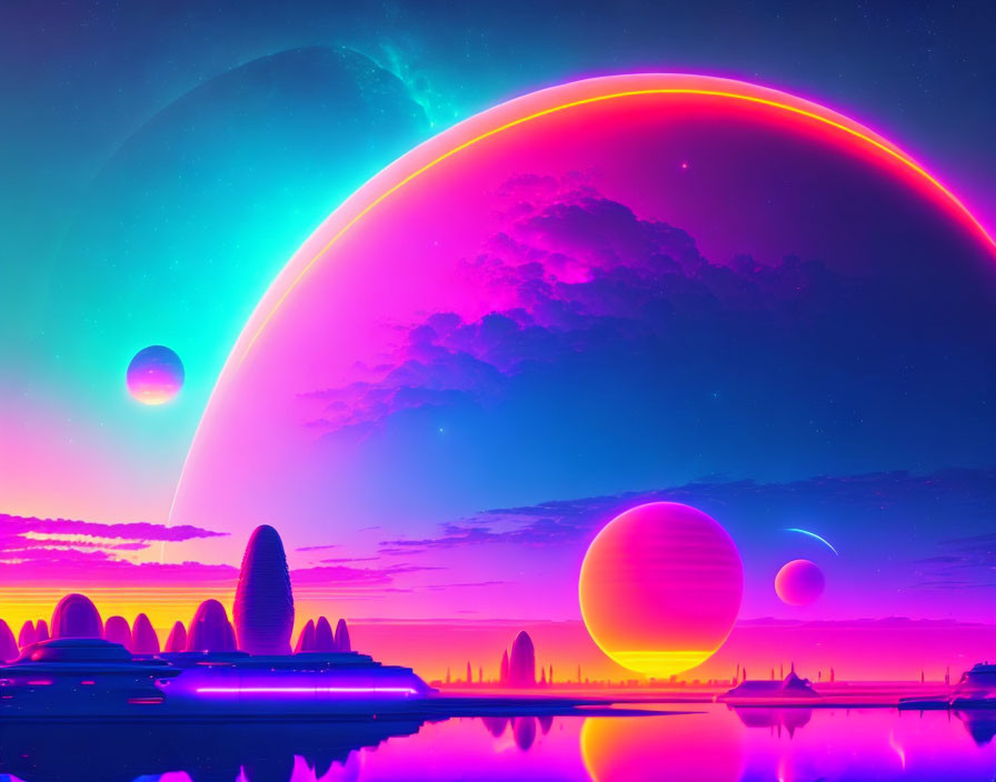 Futuristic sci-fi landscape with pink and purple sky and glowing planets