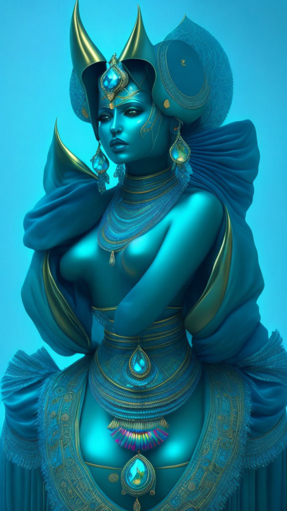 Blue-skinned female figure with golden jewelry and ornate headdress on monochrome backdrop