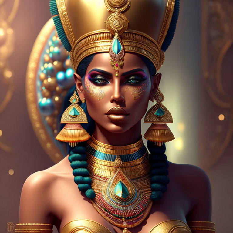 Illustrated portrait of regal woman with Egyptian-inspired golden headgear, jewelry, and Eye of Hor