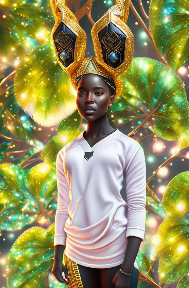 Digital artwork featuring woman in ornate gold and blue headwear with glowing botanical backdrop.