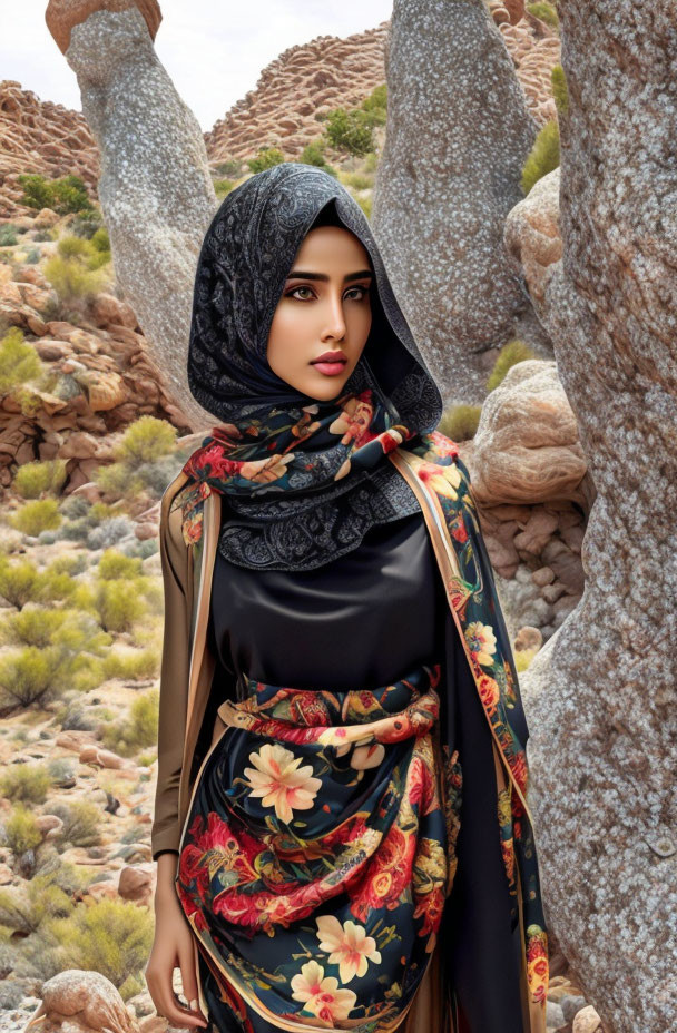 Traditional hijab-clad woman in patterned clothing amidst rocky outcrops.