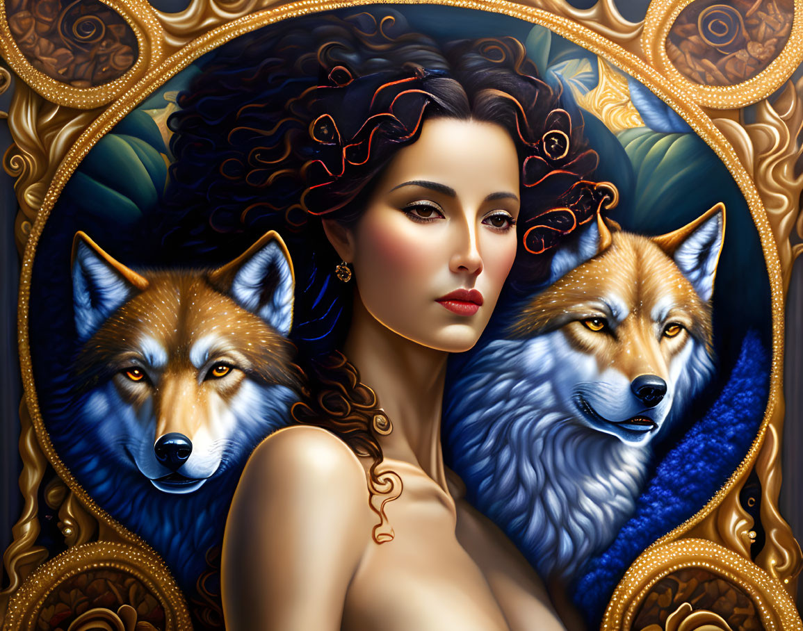 Detailed Artwork: Woman with Dark Curly Hair and Wolves on Golden Background
