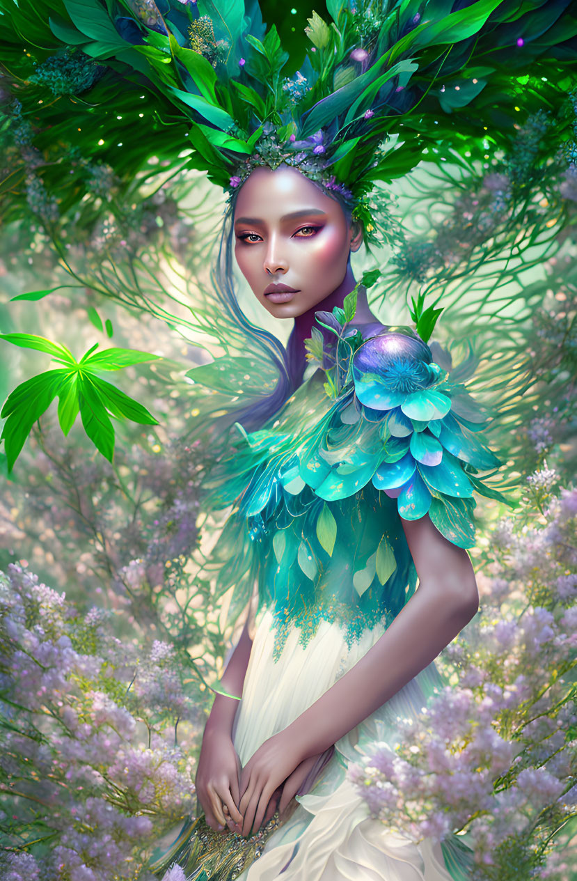Fantasy portrait of woman with green and blue feather hair adornments in lush foliage and purple flowers