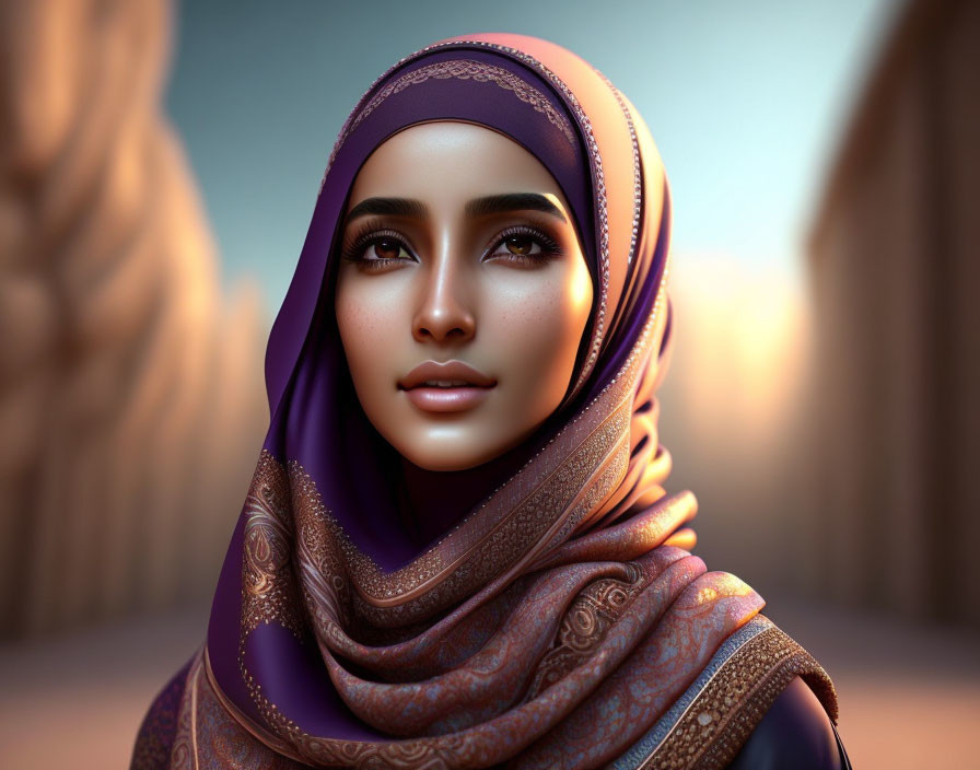 3D rendering of woman in purple hijab with intricate patterns against warm blurry background
