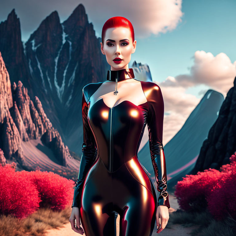 Futuristic female figure in black latex suit on fantasy landscape