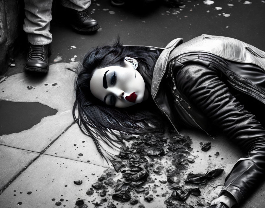 Woman with Dark Makeup Lying on Street with Leaves
