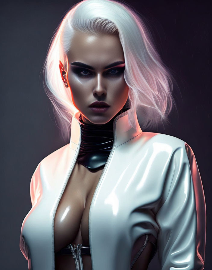 Futuristic white-haired woman with cybernetic earpiece in white jacket and black attire.