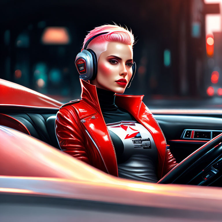 Pink-haired woman in red jacket with headphones sitting in car with city lights in background