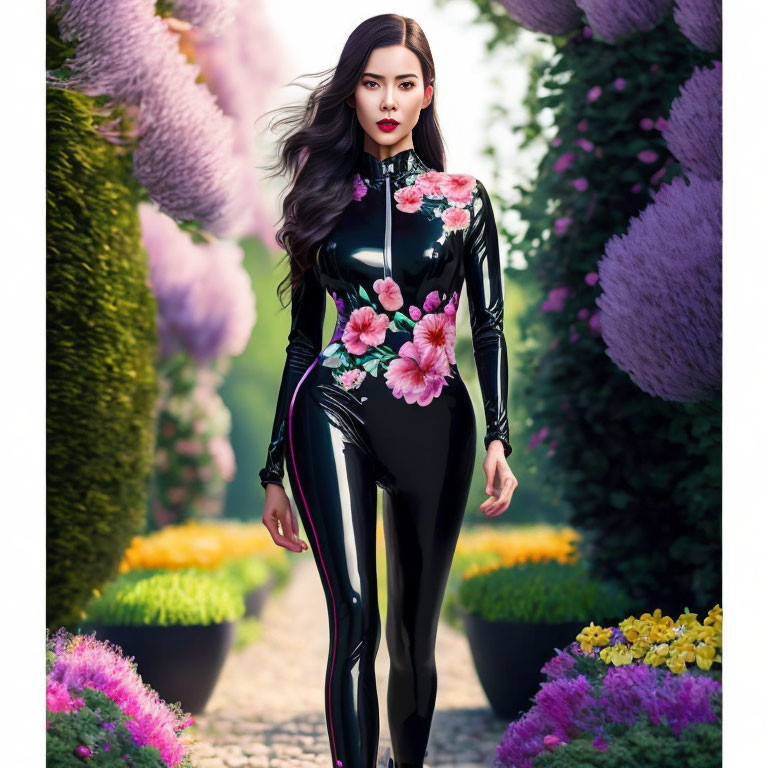 Floral-patterned black bodysuit woman on vibrant garden path