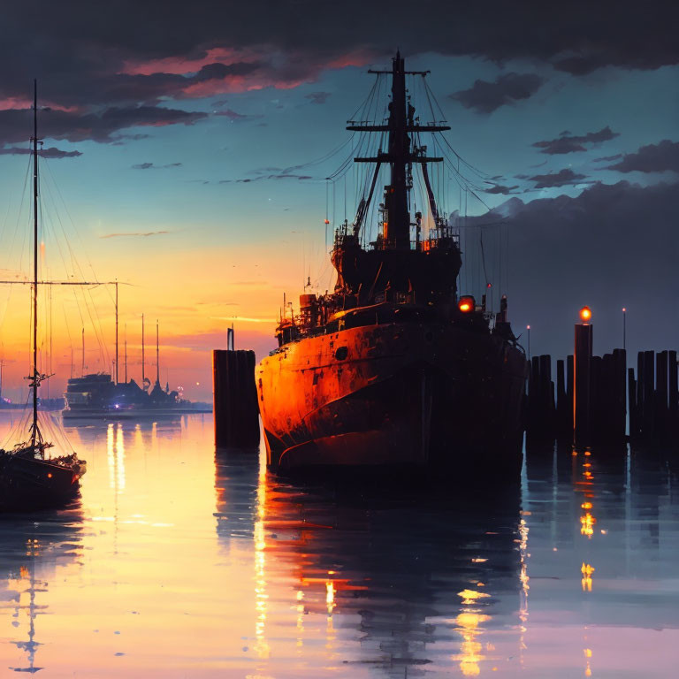 Large Ship Docked in Tranquil Harbor at Sunset with Orange and Blue Reflections