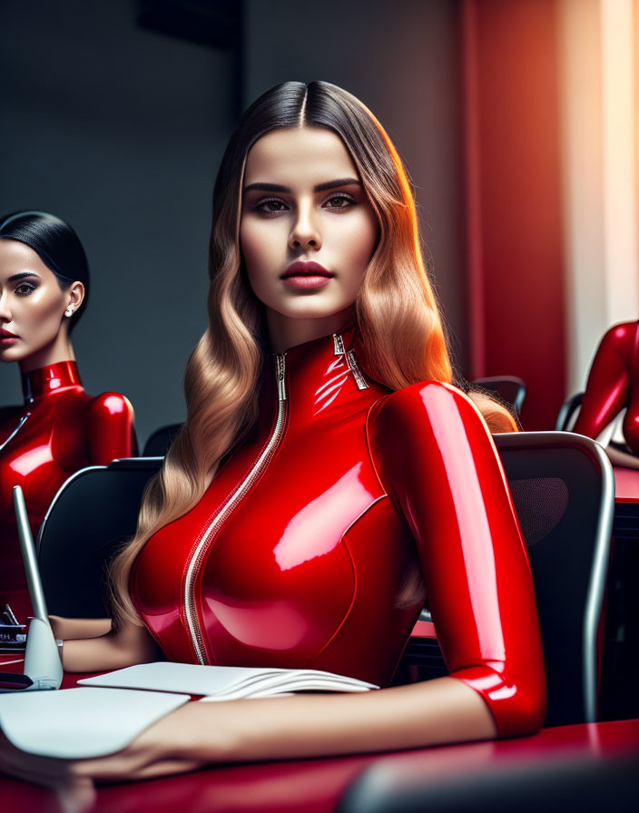 Blonde woman in red latex bodysuit poses confidently with reflection